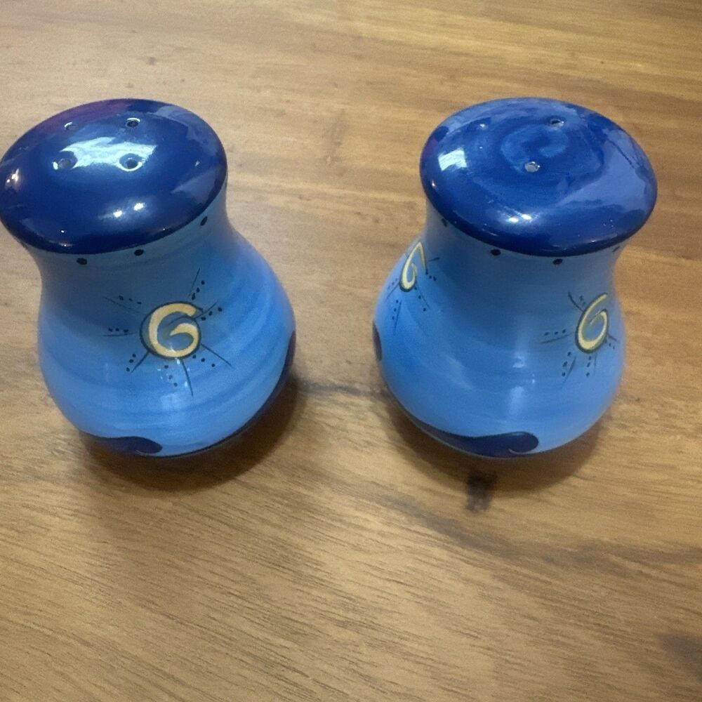 Hand Painted Blue Sun Waves Salt and Pepper Shakers Artistic Coastal Vibe